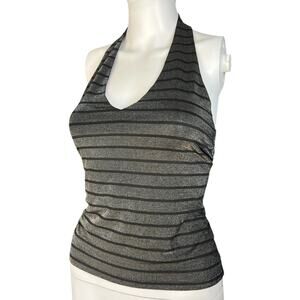 90s Hot Spot Grey Black Striped Halter Top Holographic Glitter Med Made in USA